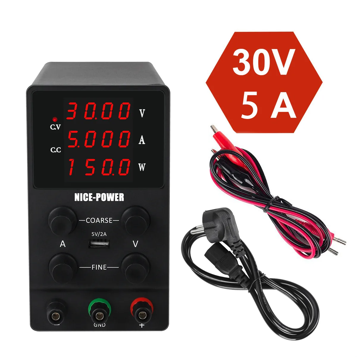 Лабораторный источник питания постоянного тока Kuaiqu R-SPS305 с регулируемым 4-разрядным дисплеем, 30В / 5А, цвет черный