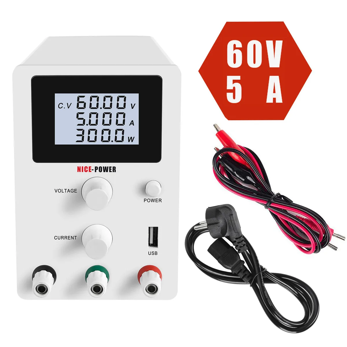 Лабораторный источник питания постоянного тока Kuaiqu R-SPS605 с 4-разрядным дисплеем, 60В / 5A, цвет белый