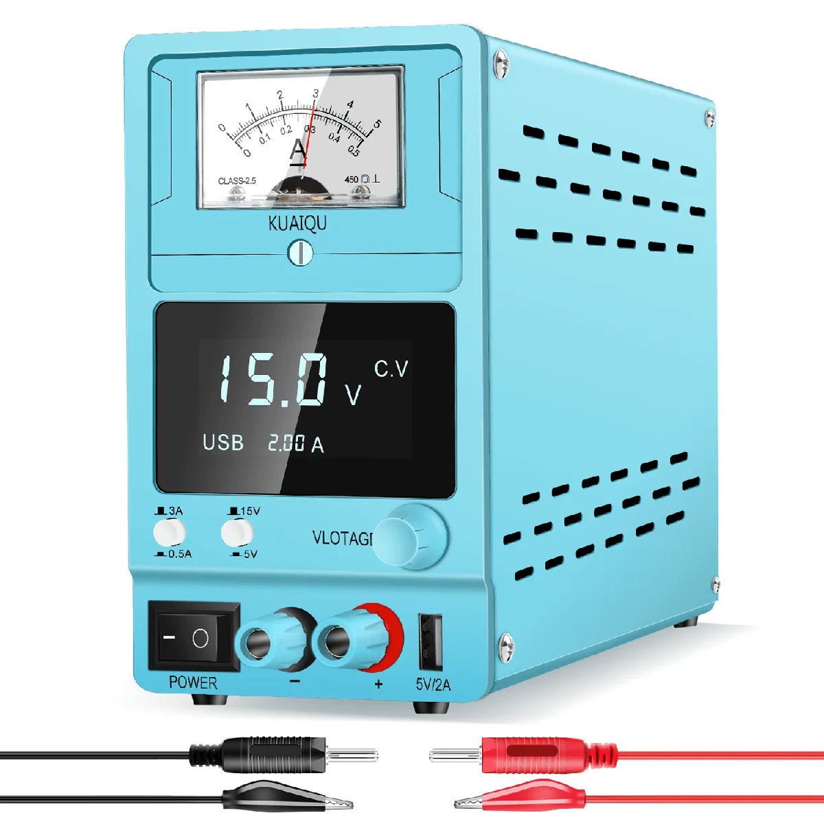Линейный источник питания Kuaiqu SPS-D1503 с 4-значный светодиодный цифровым дисплеем, 15В / 3А, цвет голубой