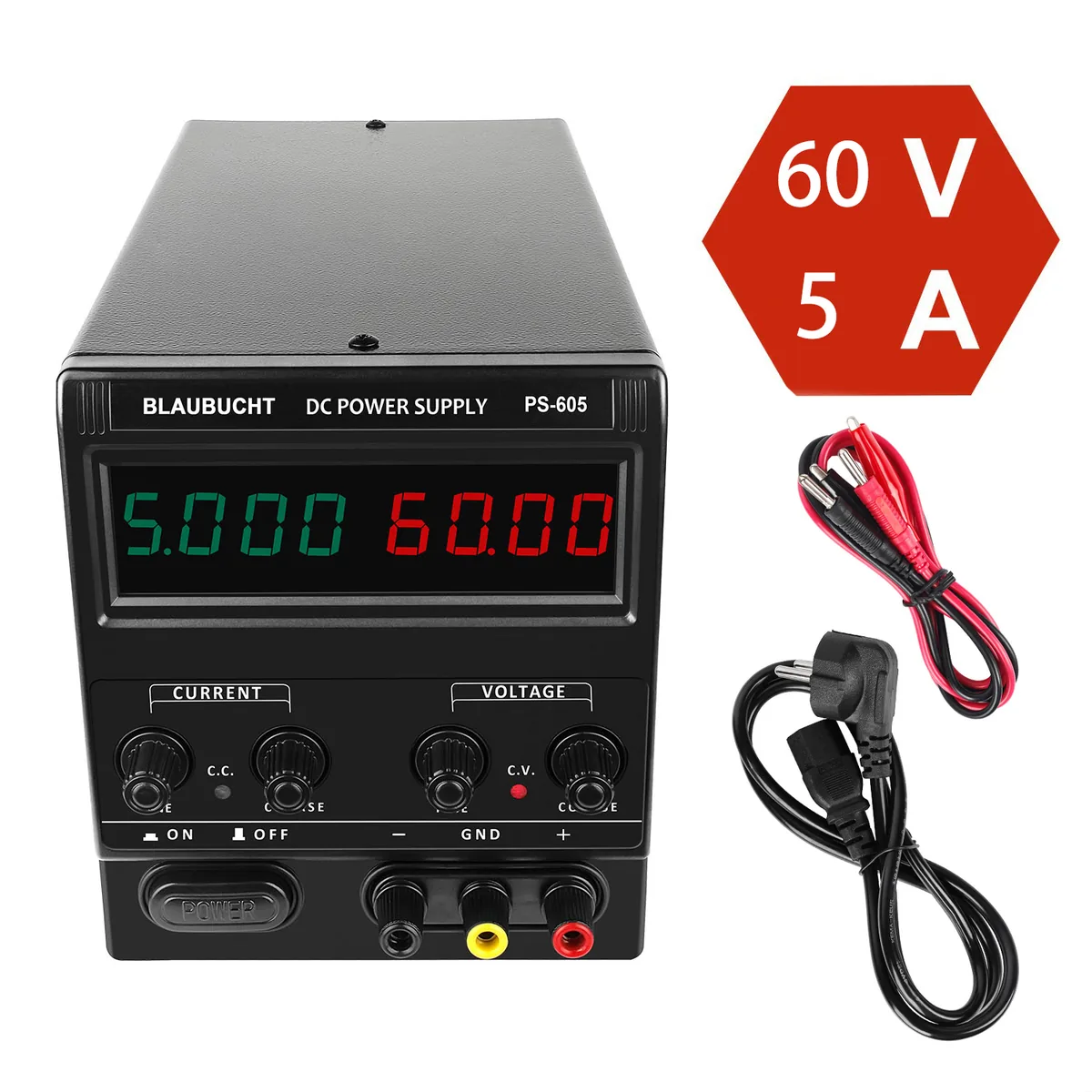 Регулируемый источник питания постоянного тока Kuaiqu PS605 с 4-значный светодиодный цифровым дисплеем, 60В / 5А, цвет черный